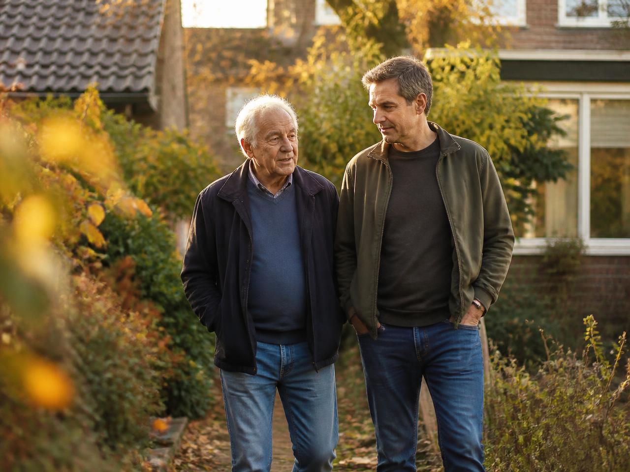 Opa wandelt met zijn zoon door de tuin